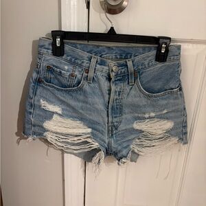 Levi's Blue Distressed Jean Shorts with Raw Hem